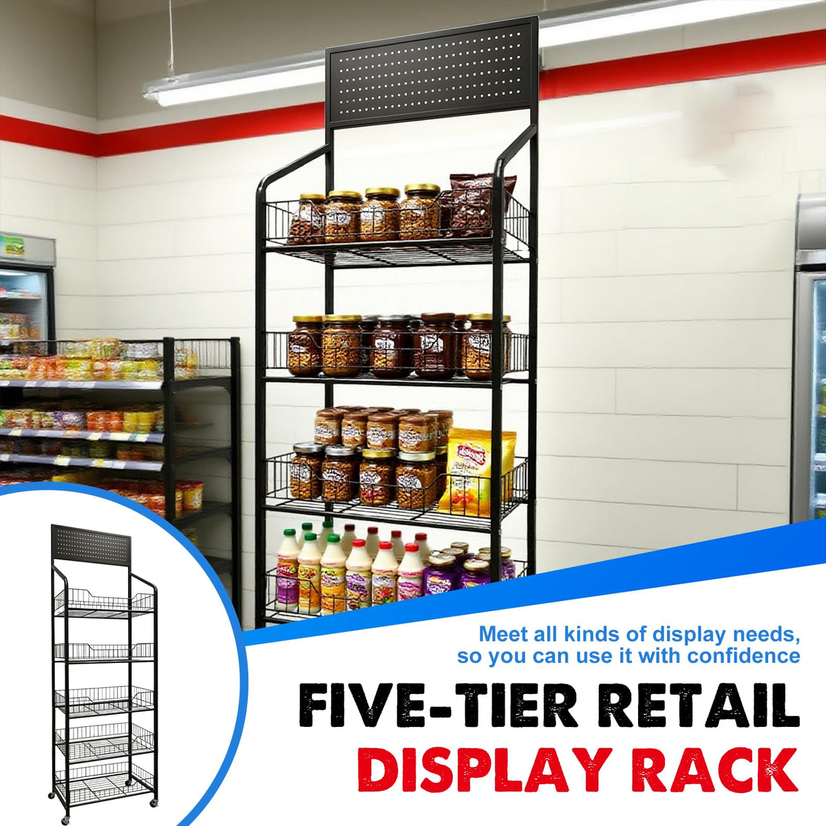 5 Tier Retail Candy Display Rack Metal Storage Shelf with Wheels & 15 Hooks Concession Candy Snack Display Racks Sturdy and Stable Chip Shelf Rack for Stores, Kitchen, Office (Black, 19.7*10.6*65 in)