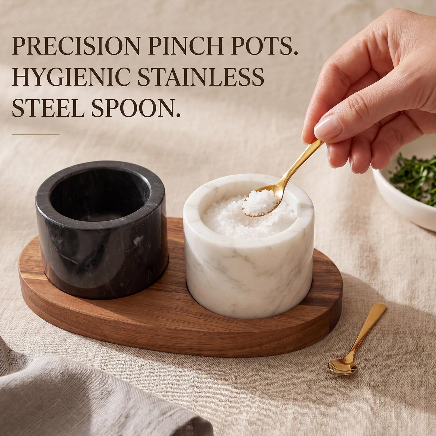 FoldTier 2 Pcs Salt and Pepper Bowls with Spoons on Wooden Tray Marble Salt and Pepper Containers Set with Base for Countertop, Modern Kitchen Black White Storage Decorations