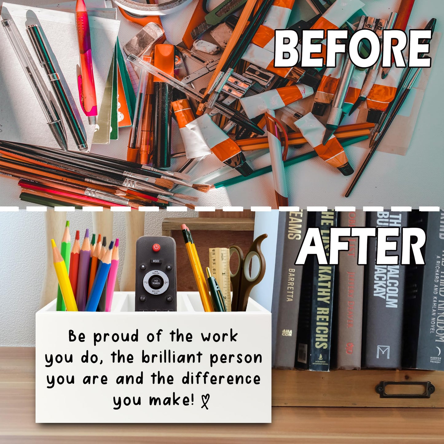 XPH Inspirational Office Pen Pencil Holder Organizer for Desk, Thank You Appreciation Gifts for Women Men, Inspirational Gifts Wooden Box Sign for Home Office Desk Tabletop Decorations