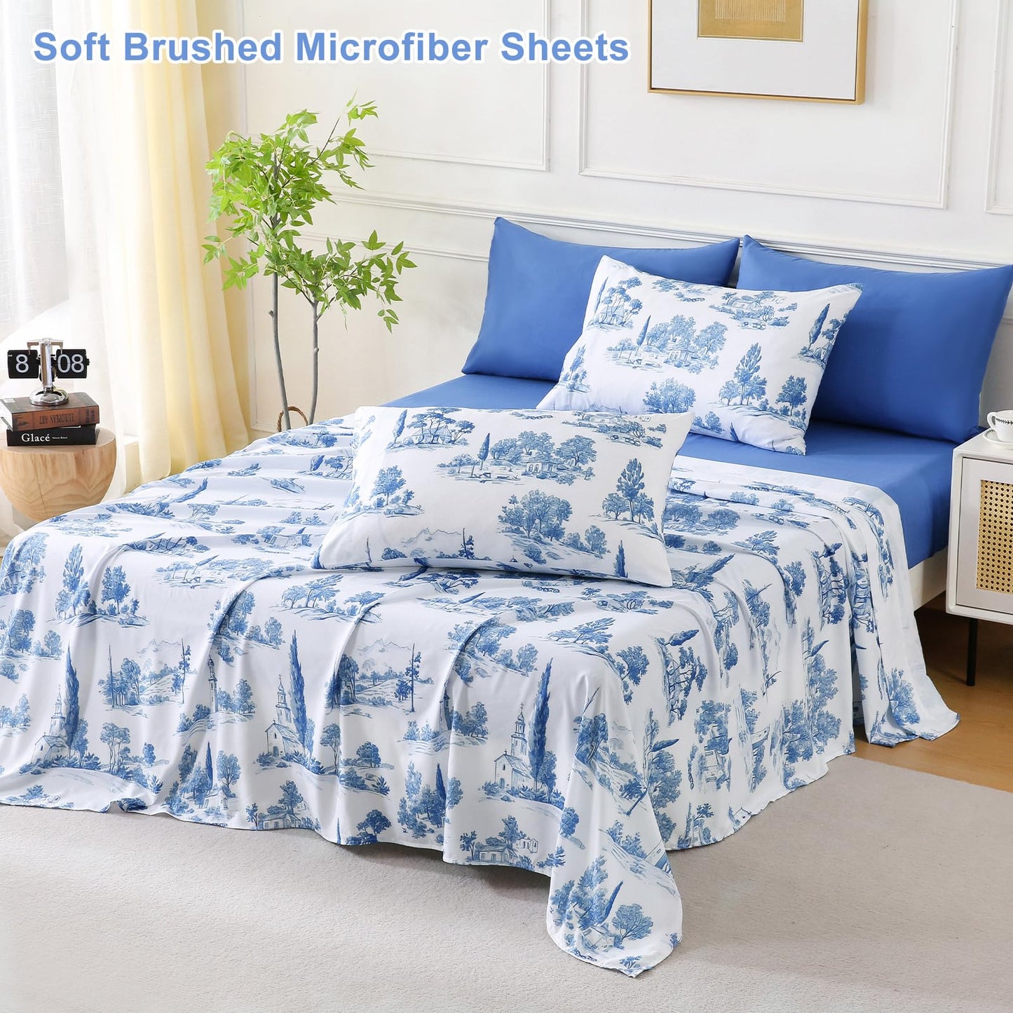 Botanical 6-Piece King Size Sheets Set, Boho Floral Print Brushed Microfiber Sheets, Cooling Bed Sheet Set, Ultra Soft & Breathable, 16' Deep Pocket Fitted Sheet & Pillowcase Set, Blue Floral
