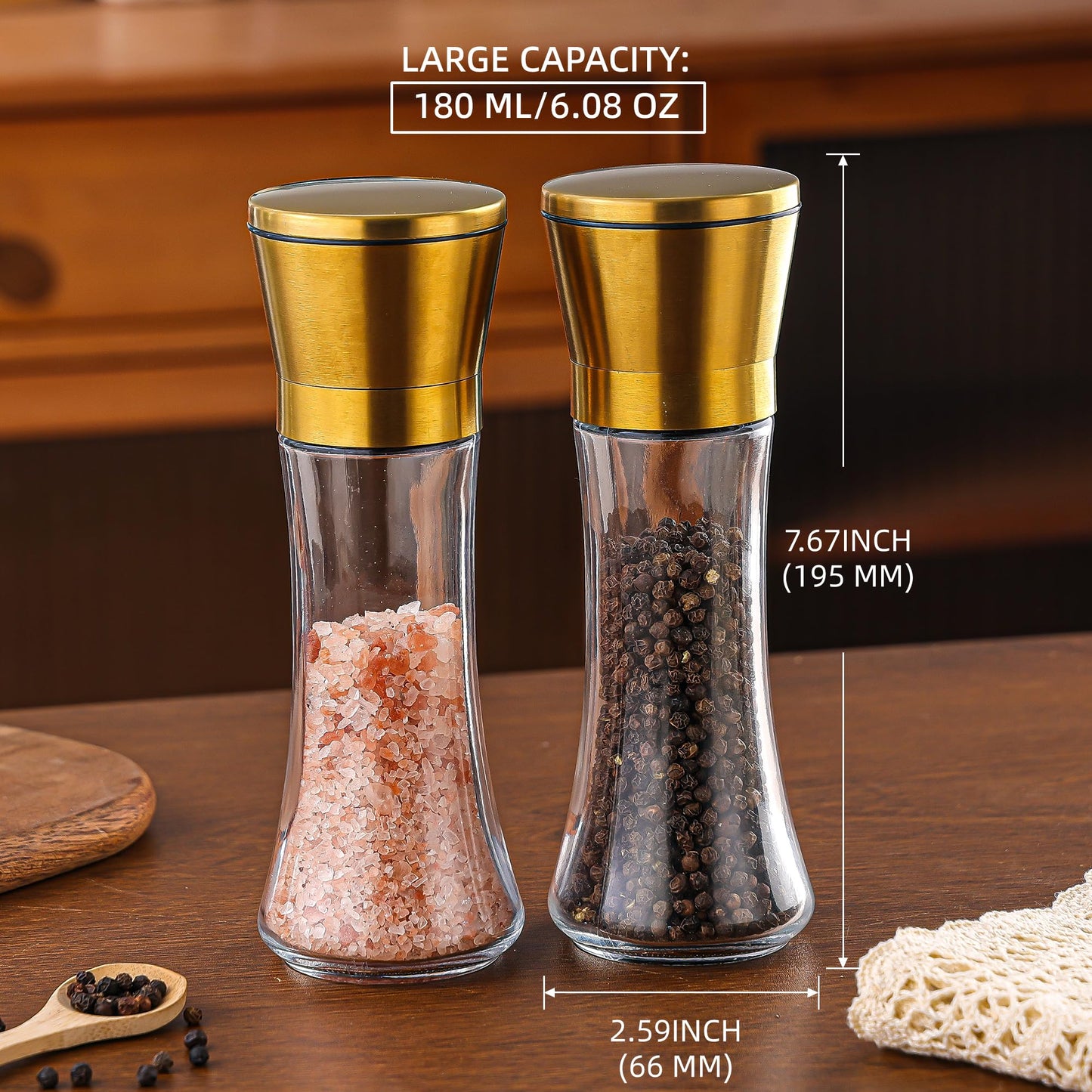DAVIMADE Gold Salt and Pepper Grinder Set of 2-Glass Pepper Mill and Salt Shakers with Adjustable Ceramic Coarseness & Stainless Steel Lid-W/Silicone Funnel - Modern Kitchen Accessories