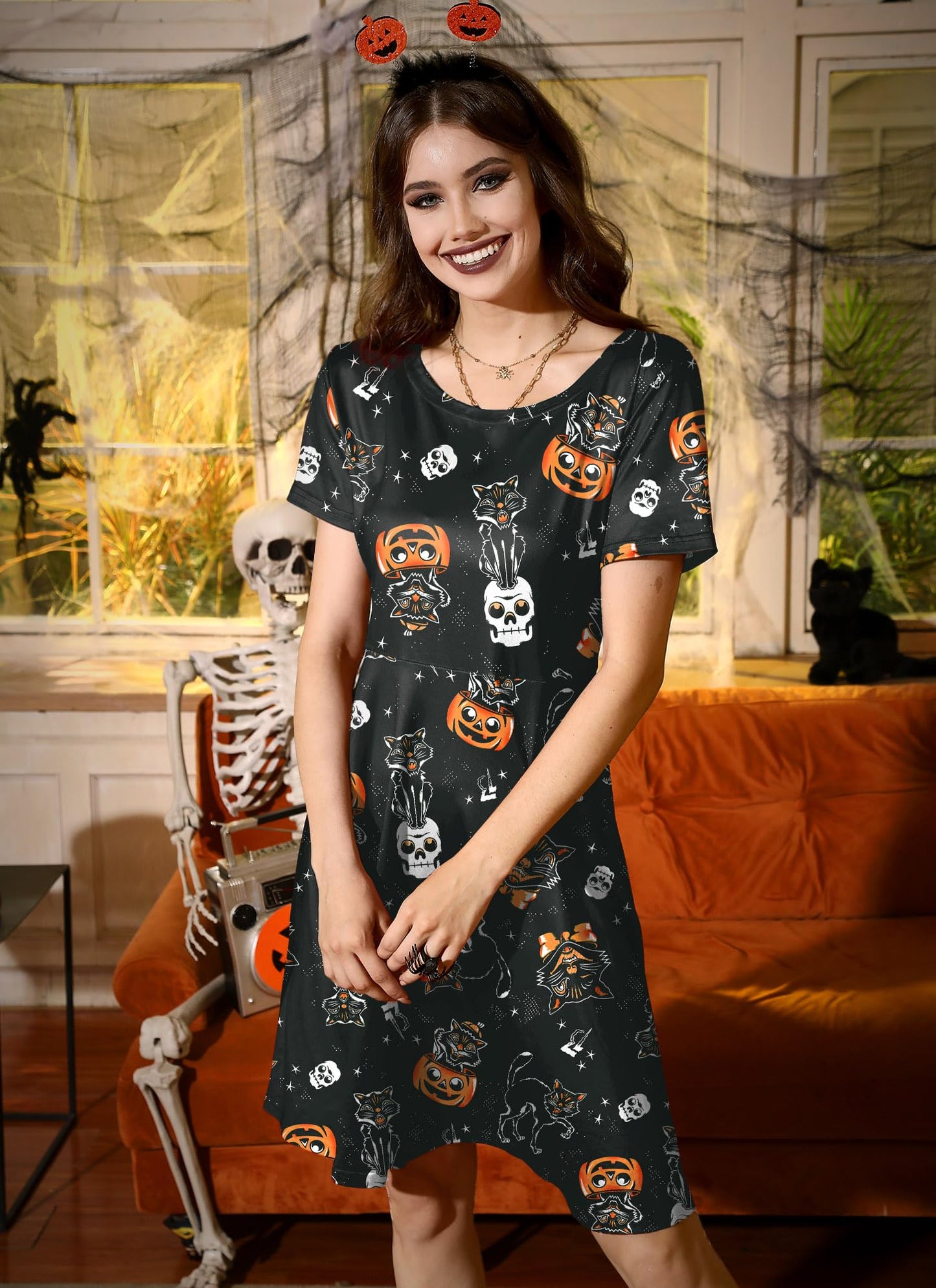 Halloween Casual Crewneck Women's Costume Funny Cute Print Cosplay Vintage Dress Jackolanterns Skulls Black Cats M