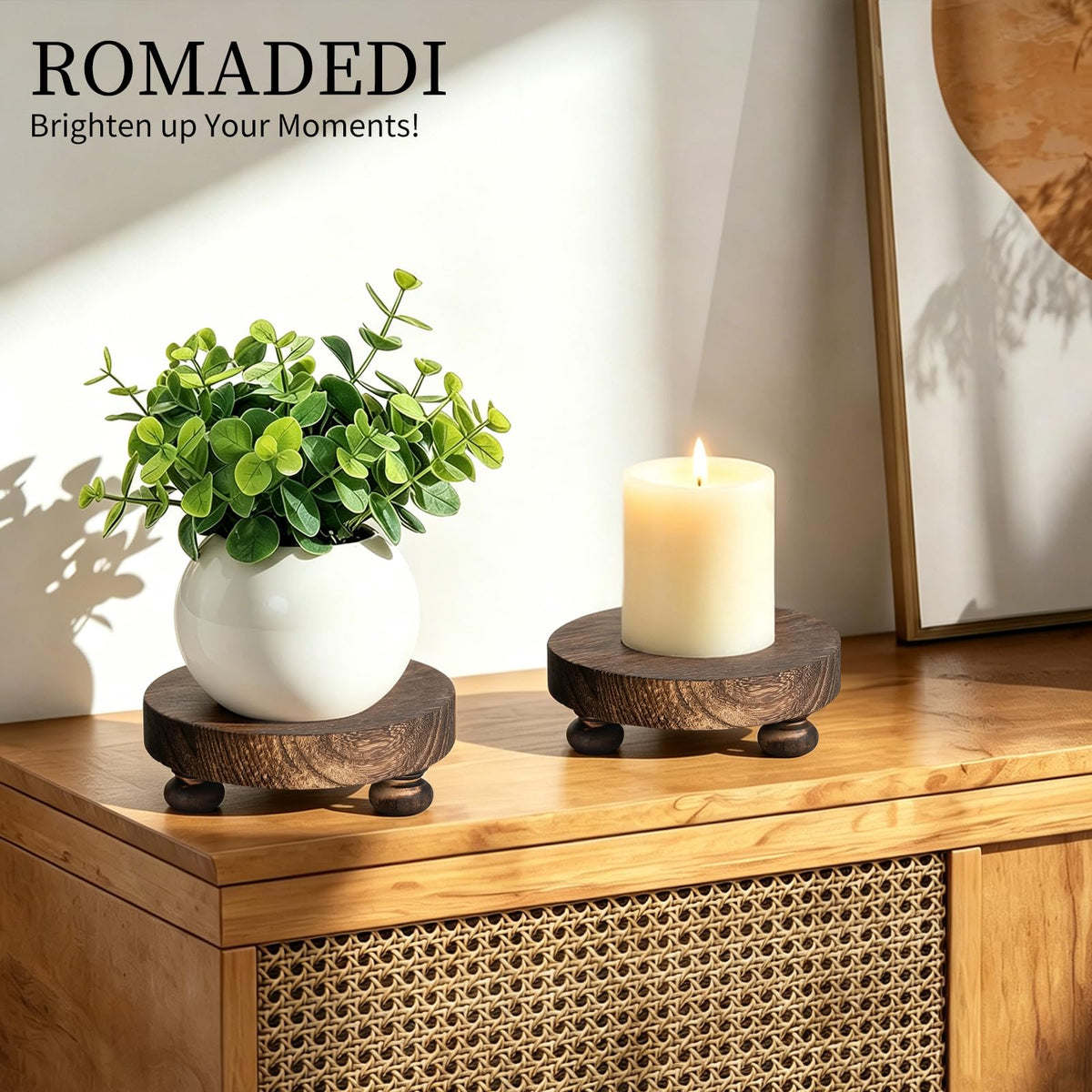 Romadedi Farmhouse Wood Riser for Display- 2 pcs Rustic Decor Mini Wooden Pedestal Decorative Round Tray for Home Table Bathroom Counter Shelf Kitchen, Brown