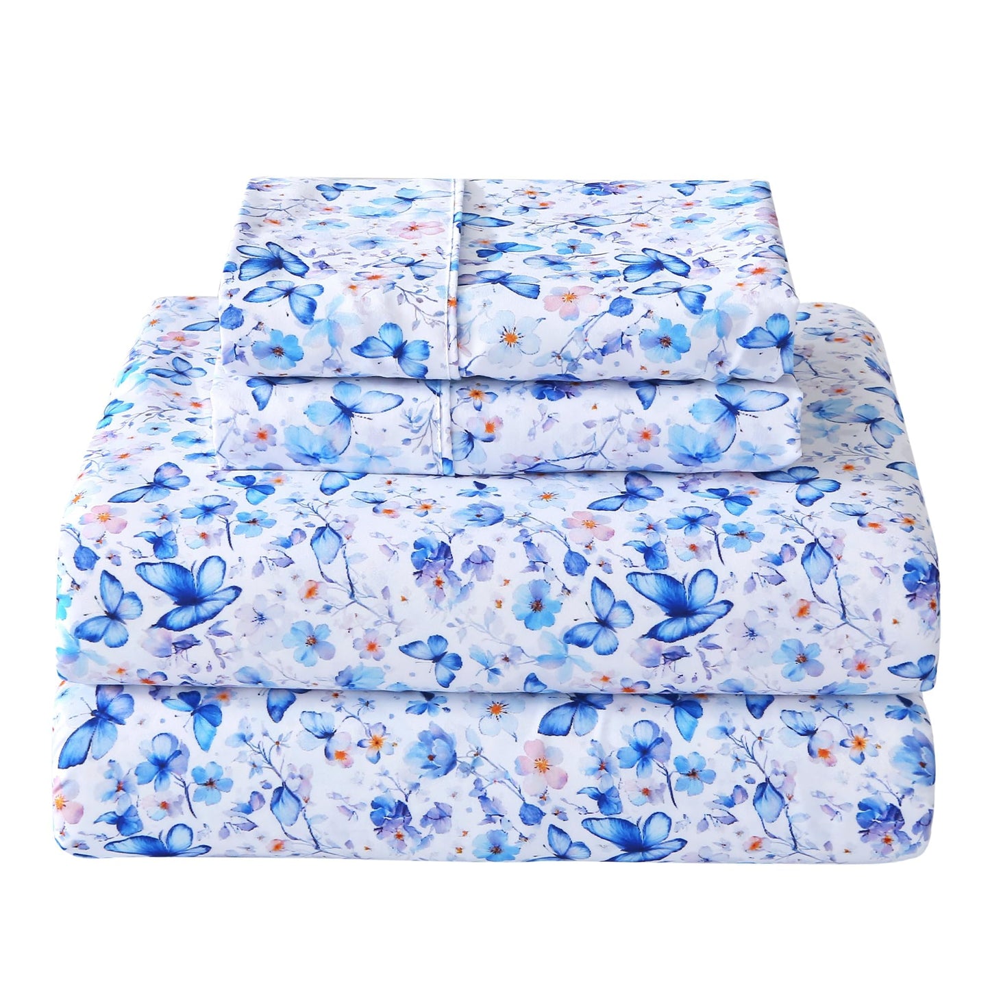 Softan King Floral Sheets, Microfiber Blue Flower Printed Fitted Sheets with Non-Slip Corner Straps and 15" Deep Pocket, Butterfly Patterned Cozy King Bed Sheets & Pillowcase Sets