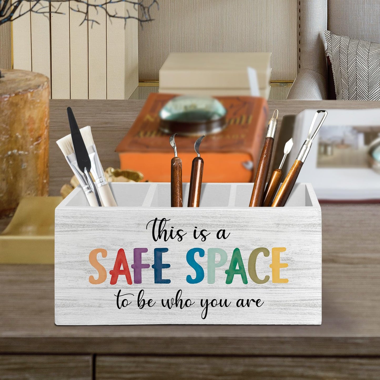 XLDLIOO Mental Health Classroom Pen Pencil Holder Organizer for Desk Accessories, This Is a Safe Space to Be Who You Are Inspirational Wooden Box Sign Desk Decor for Therapy Office Decoration