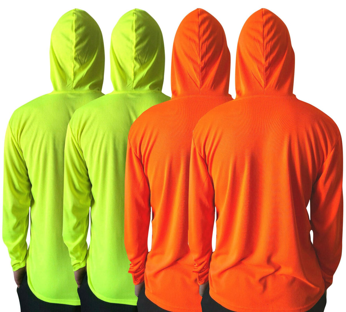 Men UPF 50+ Sun Protection Breathable T Shirt Long Sleeve Workout T-Shirts with Hood (4Pcs Mix (2 Neon Yellow/2 Neon Orange) M)