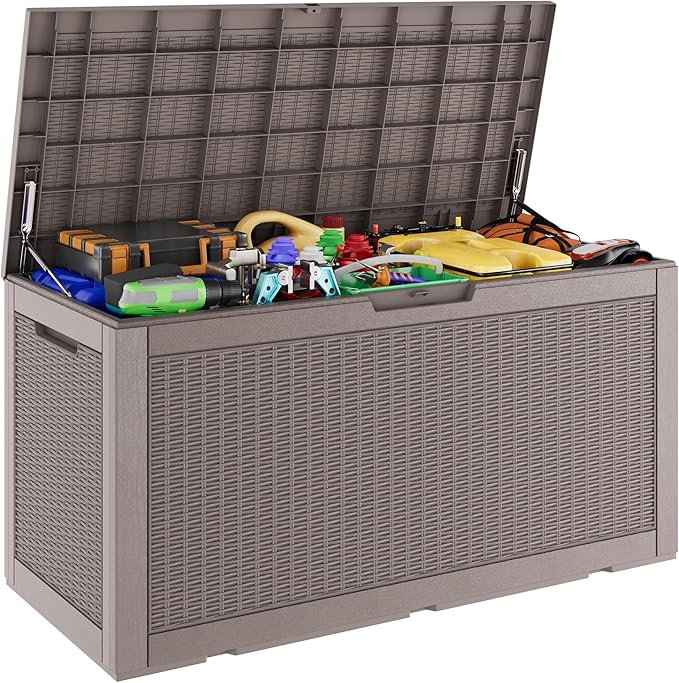 Outdoor Storage Box, Resin Deck Boxes Indoor and outdoor, Waterproof Storage Box Lockable Lid (Grey, 110 Gallon)