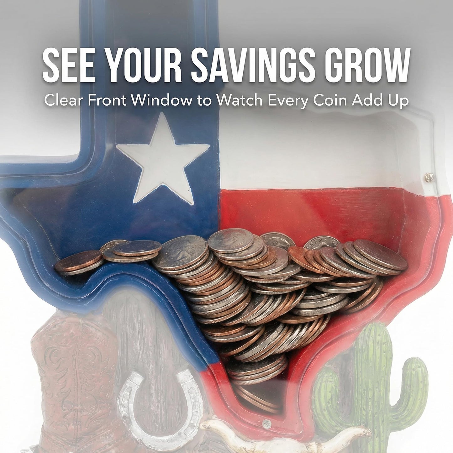 Texas Souvenir, Texas Piggy Bank - Texas State Design with Cowboy Boot, Horse Shoe & Cactus Western Decor for Desk & Home, Texas Gifts for Man or Woman.