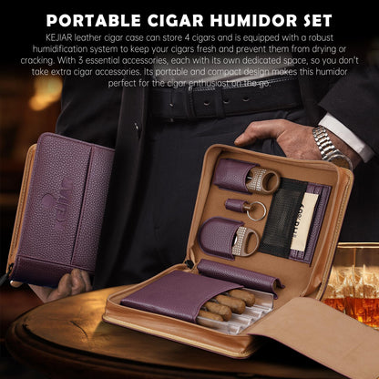 KEJIAR Travel Cigar Humidor Set, Humidor Cigar Box with V Cutter, Straight Cutter, Hole Puncher, Two-Way Humidity Control Packs, Leather Holder Case with Cigar Accessories Kit (Purple)