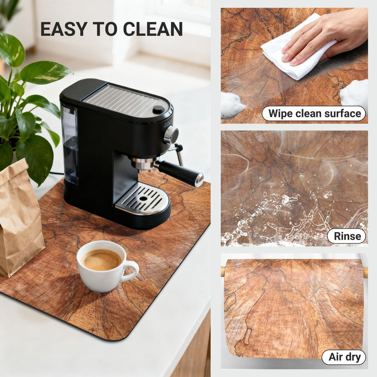 Coffee Mat 24x16 Inch, Wood Grain Coffee Placemat, Absorbent Hide Stain Rubber Backed Dish Drying Mat for Kitchen Counter, Bar Mats for Countertops, Under Coffee Bar Maker Machine Pot Espresso Staion