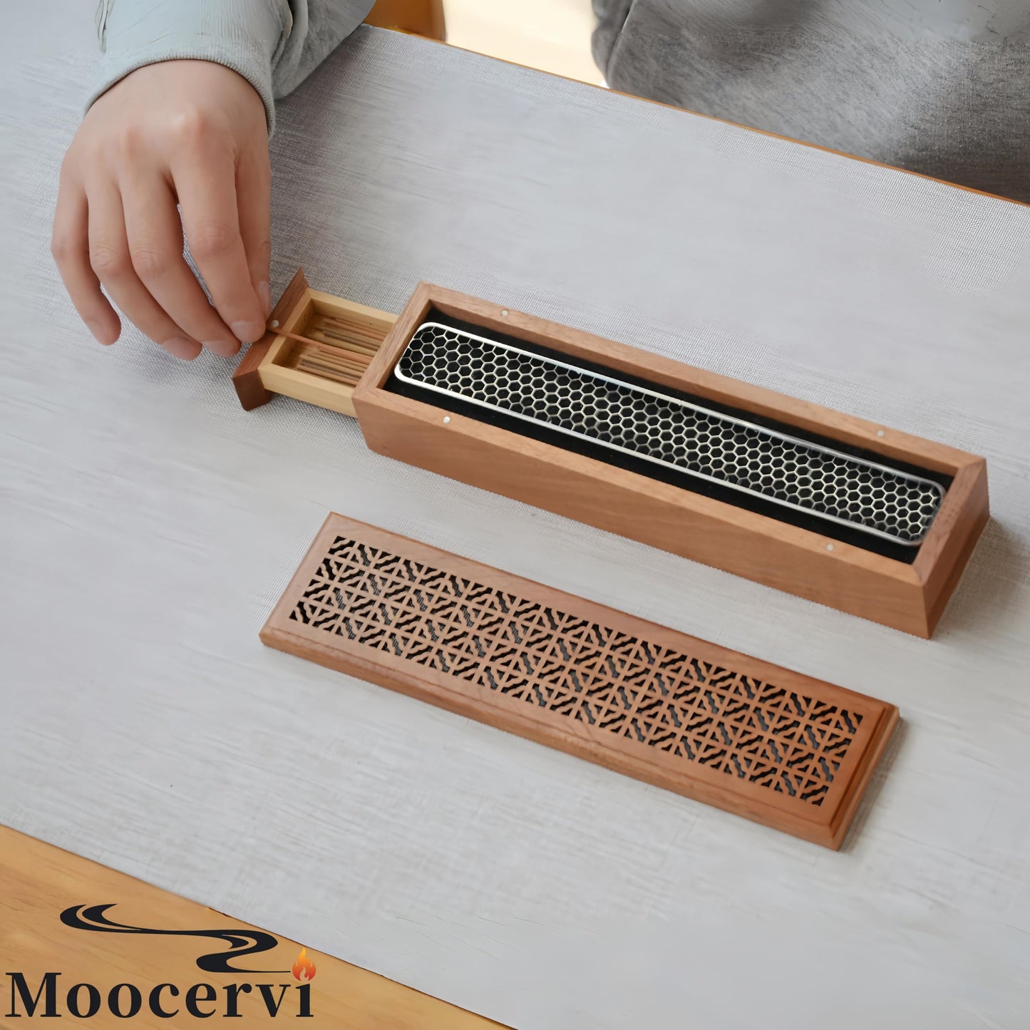 Moocervi Incense Holder Burner,Coffin Incense Storage Box Holder for Sticks, Wooden Incense-Stick Holder & Ash Catcher for Meditation/Yoga Room/Bedroom/studyroom/Office (Incense Holder with Storage)