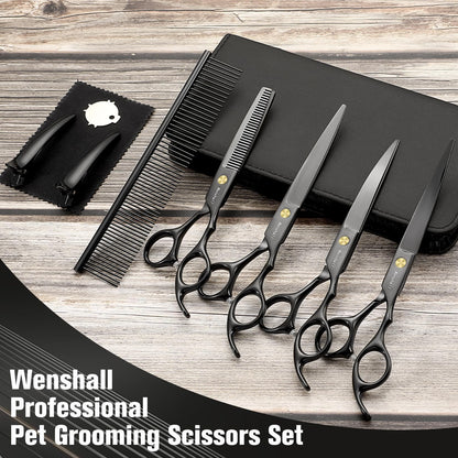 Wenshall Professional Dog Grooming Scissors Set - 6.5" Thinning, 7" Straight, 7" Up-Curved, 7" Down-curved Scissors and Comb for Dog Cat Pet (Black)