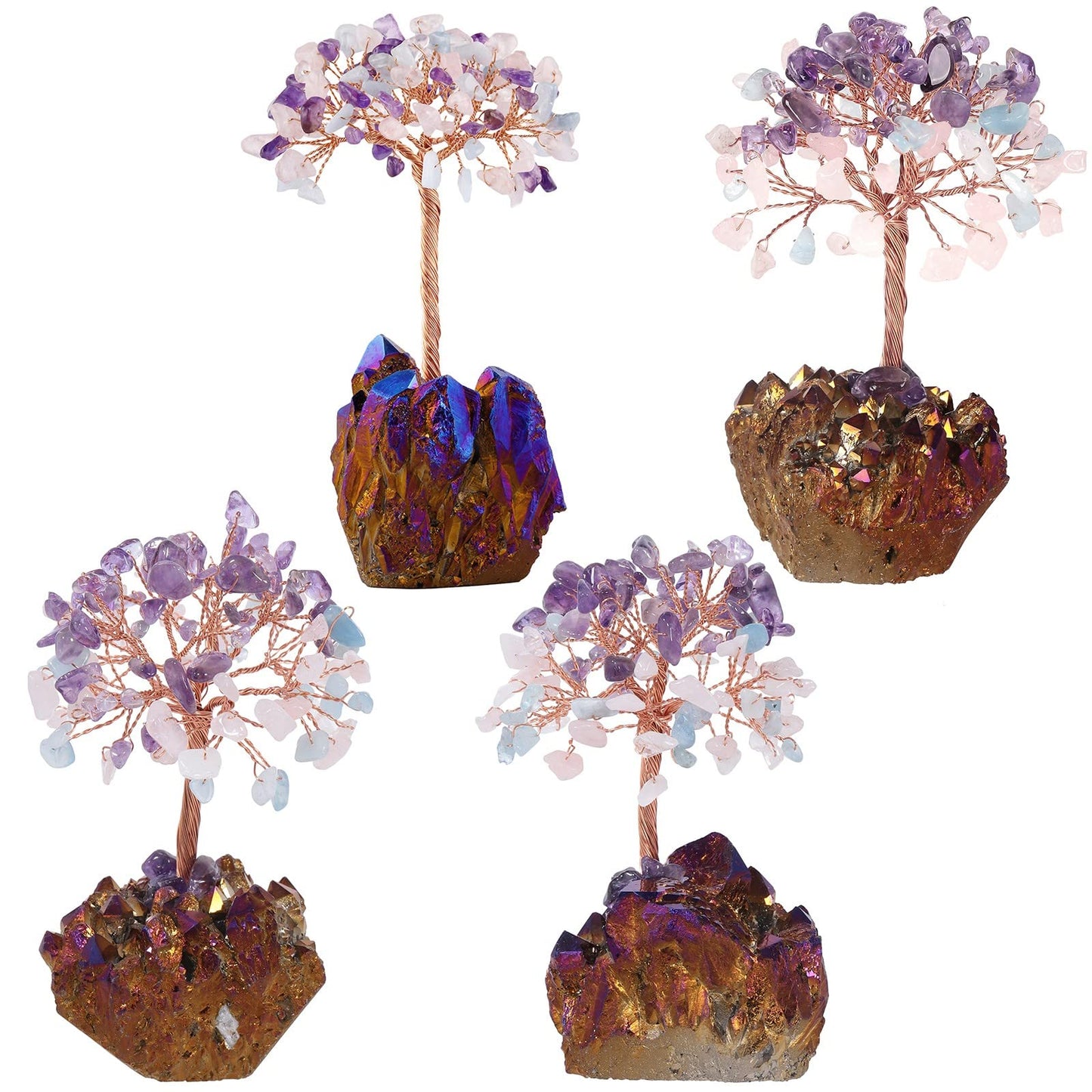 moonsix Feng Shui Crystal Tree with Purple Gold Titanium Coated Rock Quartz Cluster Base Lucky Money Bonsai Healing Tree, Amethyst & Rose Quartz & Aquamarine