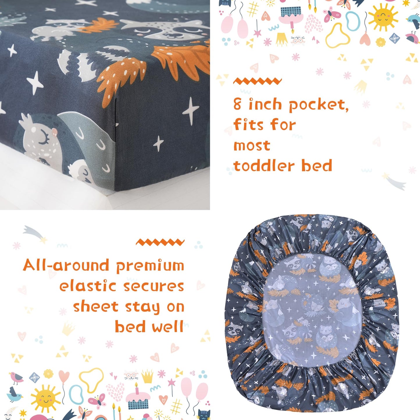 JSD Navy Blue Forest Animals Toddler Bedding Set, 4 Piece Owl Toddler Comforter Sheet Set, Lightweight Breathable Washable