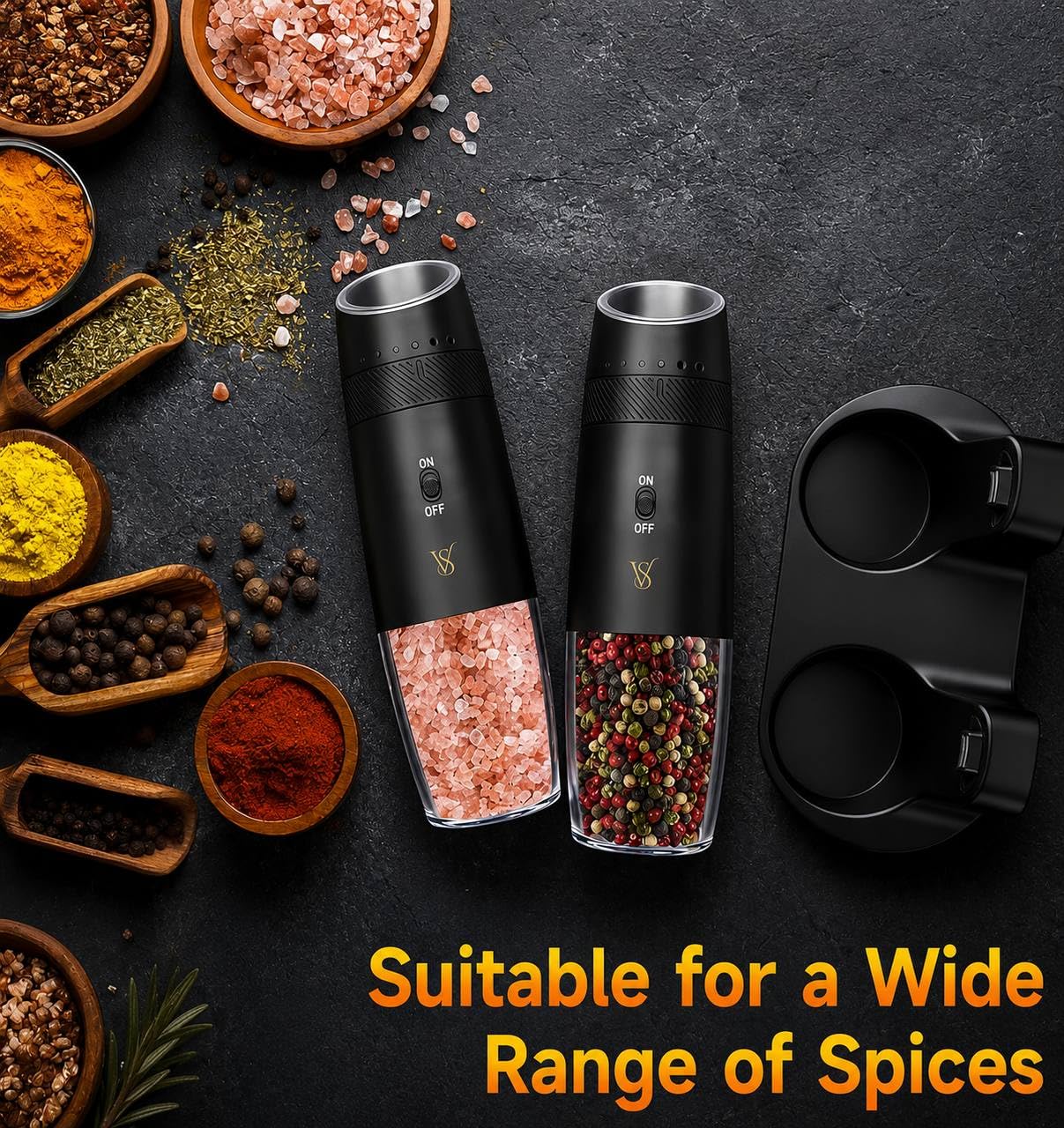 Electric Salt and Pepper Grinder Set 2 Pack, Rechargeable Automatic Gravity Grinder with USB Charging Base, One-Hand Operation, Adjustable Coarseness, LED Light, Black