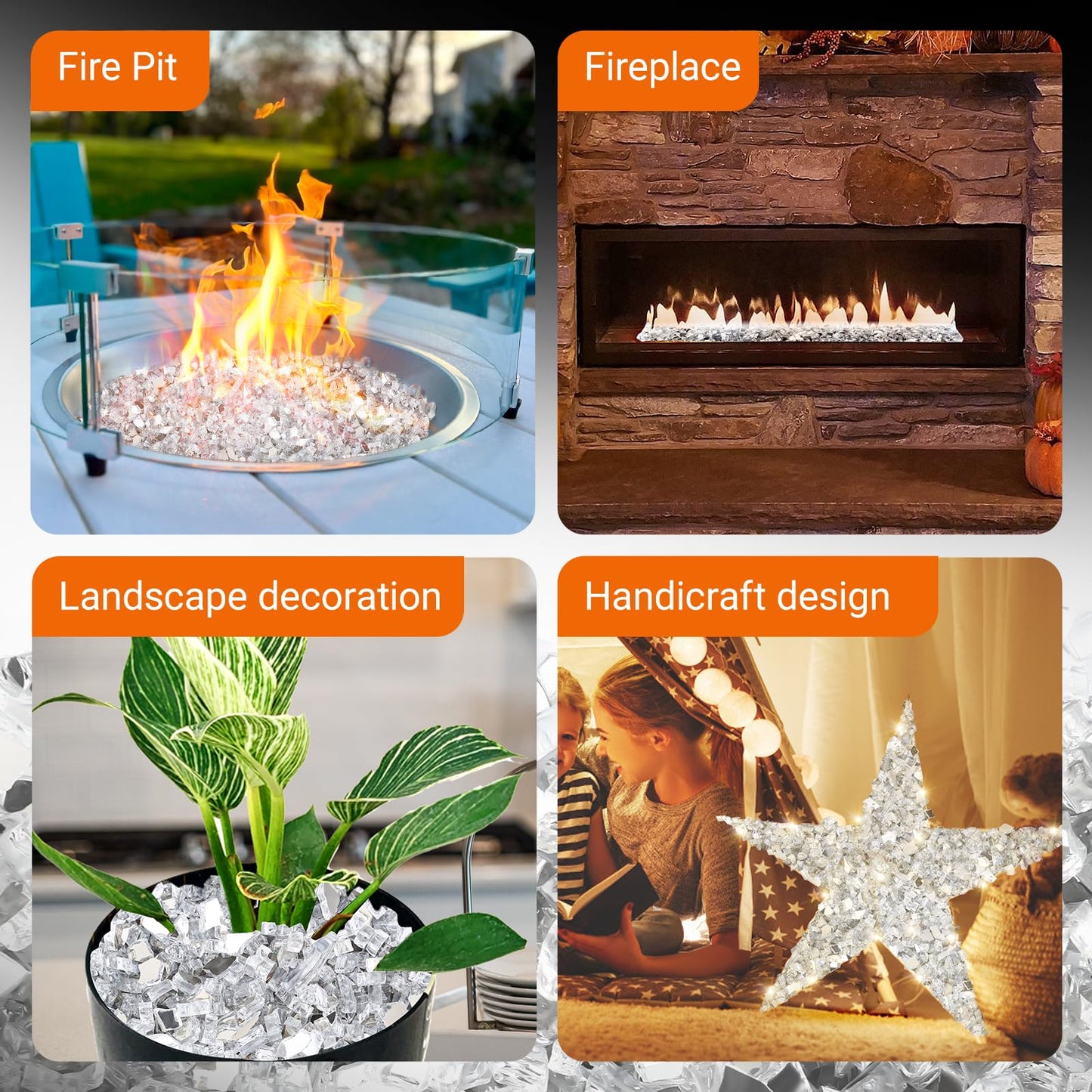 Utheer Fire Pit Glass for Fire Pit, 1/2 Inch Clear Reflective Tempered Fire Glass for Propane Fire Pit, Glass Rocks Safe for Outdoors and Indoors Gas Fire Pit Table, 10 lbs, Ultra White Reflective