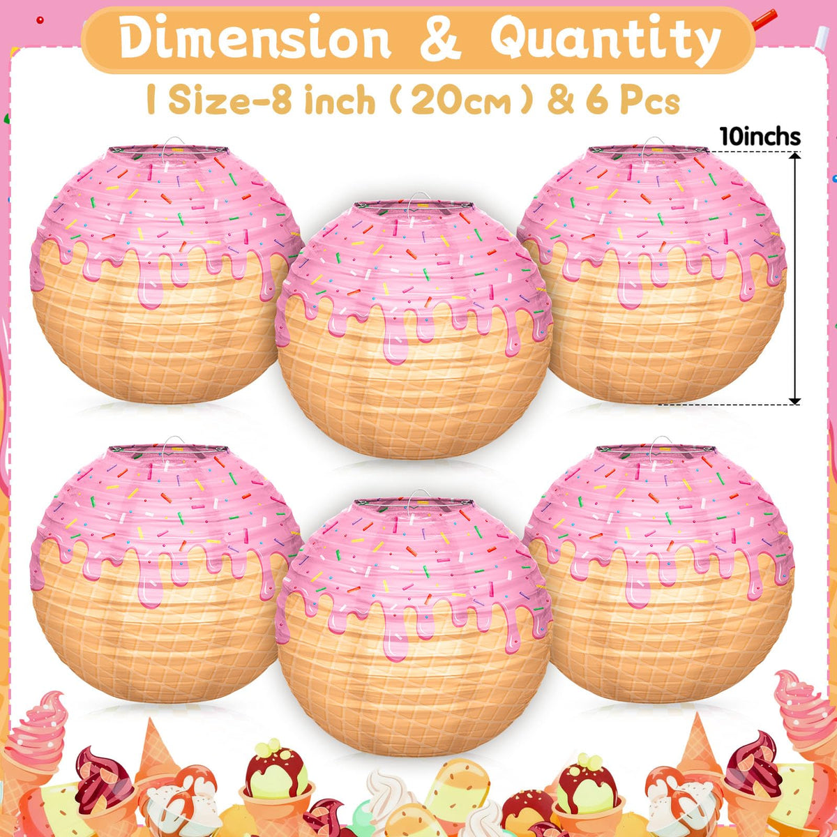 6pcs Ice Cream Baseball Drip Paper Lanterns, 8 Inch Round Hanging Party Decorations for Baseball Theme Party Birthday Christmas Backyard Porch Room Indoor/Outdoor Home Holiday Supplies