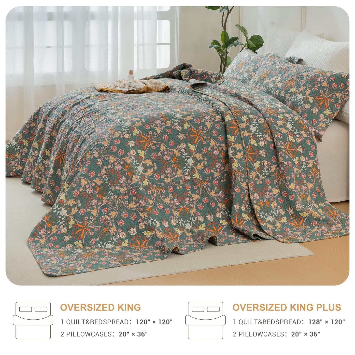 QSH 100% Cotton Oversized King Bedspread Set(128"x120")-3Pcs Floral Quilt Coverlet California King Size Luxury Paisley Flower Botanical Printed Bedspread Bedding Set Lightweight Soft for All Season