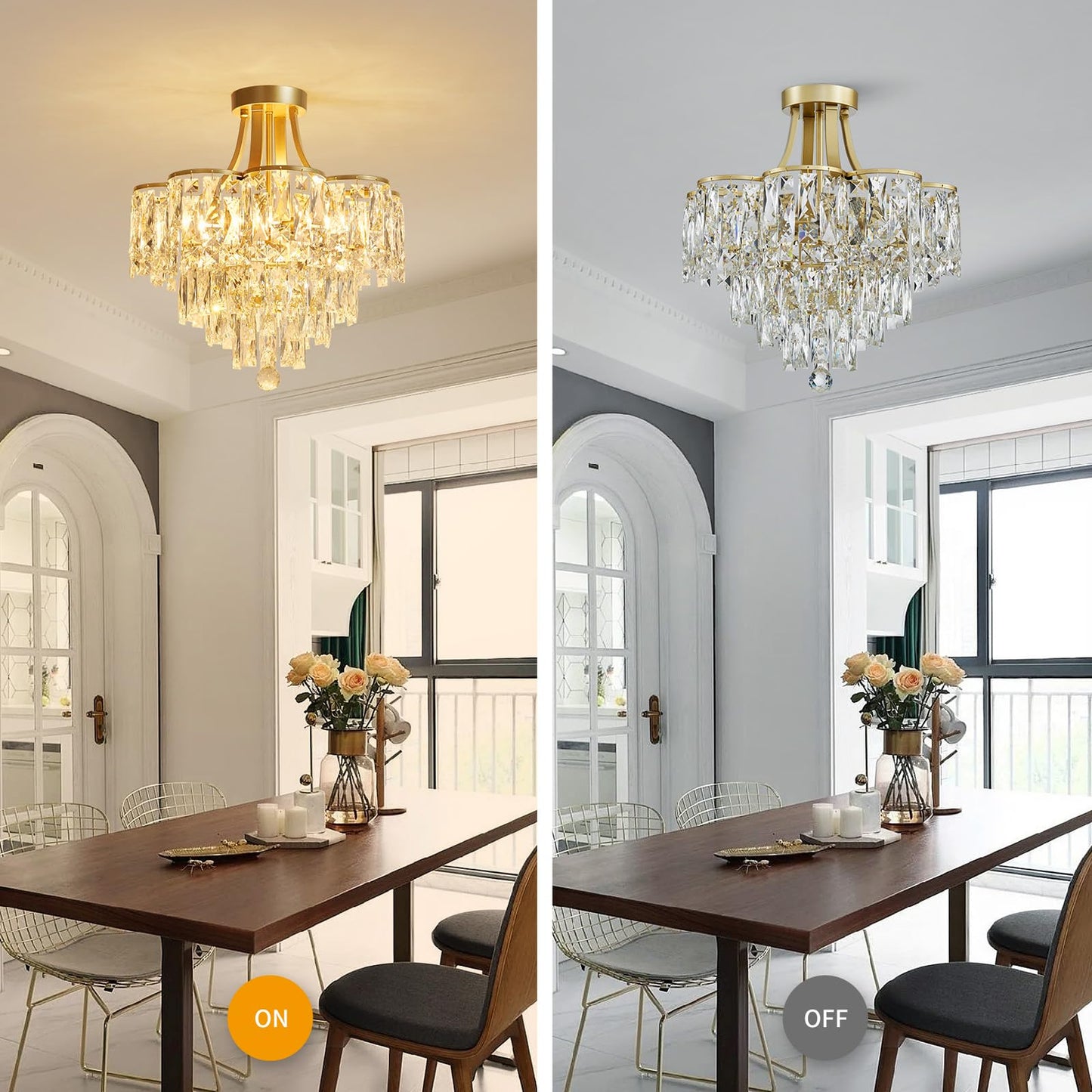 WUZUPS Crystal Chandelier Semi-Flushmount Ceiling Light Modern Lighting Fixture for Bedroom Hallway Entry Kitchen Bathroom, H 19.3" x W 18.3", E12 Base, Gold