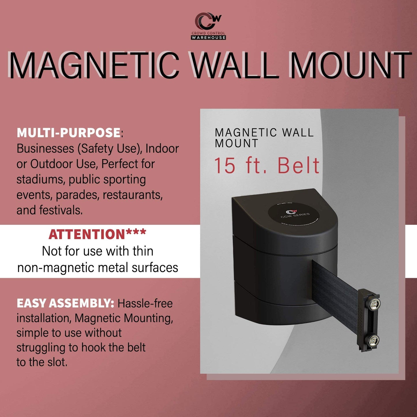 Crowd Control Warehouse - CCW Series WMB-220 Magnetic Wall Mount Retractable Belt Barrier - 15 Foot, Red Belt with Black ABS Case