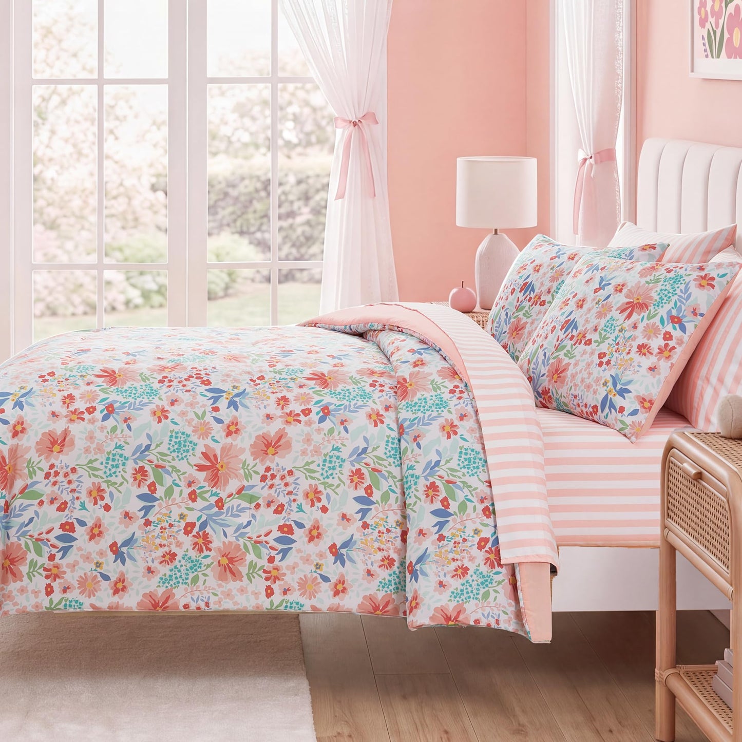 AMBERSPACE Twin XL Comforter Set for Girls, Pink Floral Garden Bedding Set, All Season Kids Bed in a Bag Dorm 5 Pieces with Sheets, Pillowcase & Sham