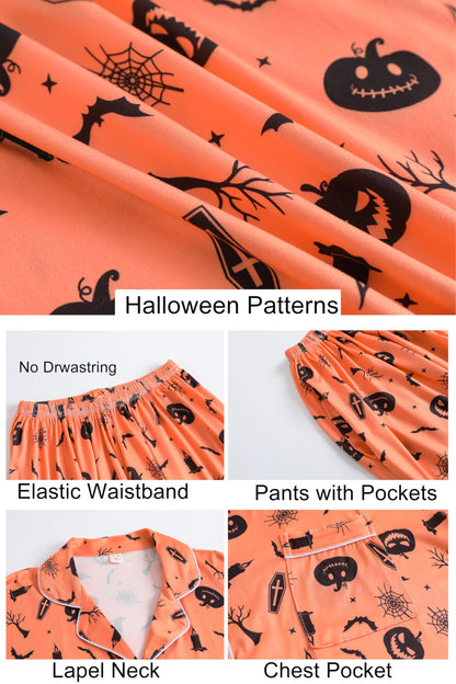 Vozanet Women's Plus Size Pajamas Button Down Shirt and Pants Soft Lounge Sets Bride Nighty Bottom with Pockets 1x to 5x, Orange Black, 4X-Large