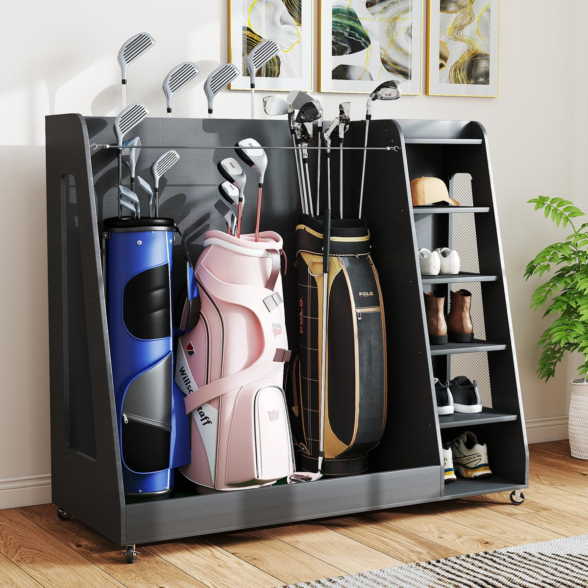 Zevemomo Wooden Golf Bag Organizer with Wheels, Golf Storage Organizer for Garage, 3 Golf Bag Storage Rack, Holds 3 Golf Bags and Golf Equipment, Suitable for Garage Home Golf Club, Gray