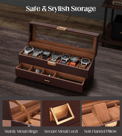 sensok Watch Case Box for Men - 7 SLots Watches Storage Organizer Real-Glass Display Case with Jewelry Drawer 2-Layer PU Leather Collection Holder Gift for Loved Ones Brown