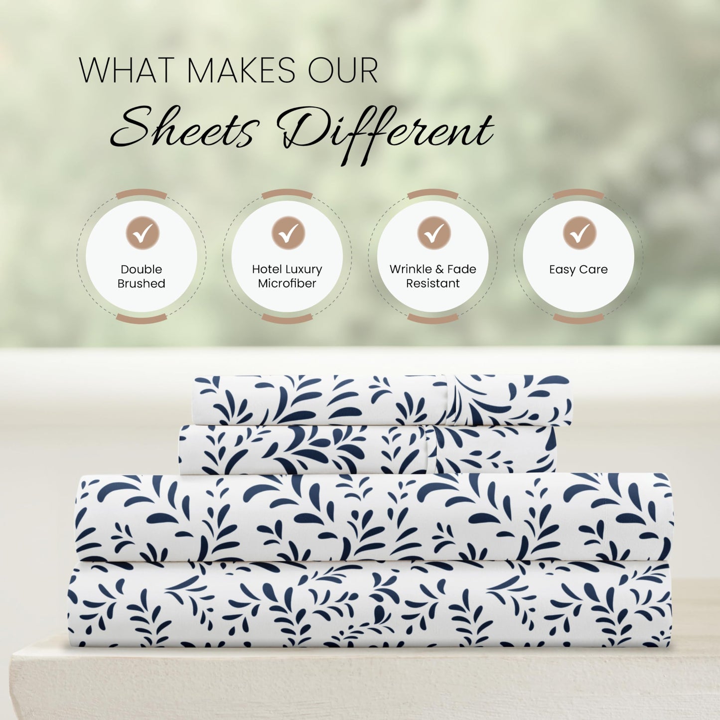 Linen Market Double-Brushed Patterned Microfiber Full Sheet Set 4 Piece – Oeko-TEX Certified Ultra Soft & Wrinkle-Free - 16" Deep Pocket Sheets - Easy Care Full Size - Burst of Vines Navy
