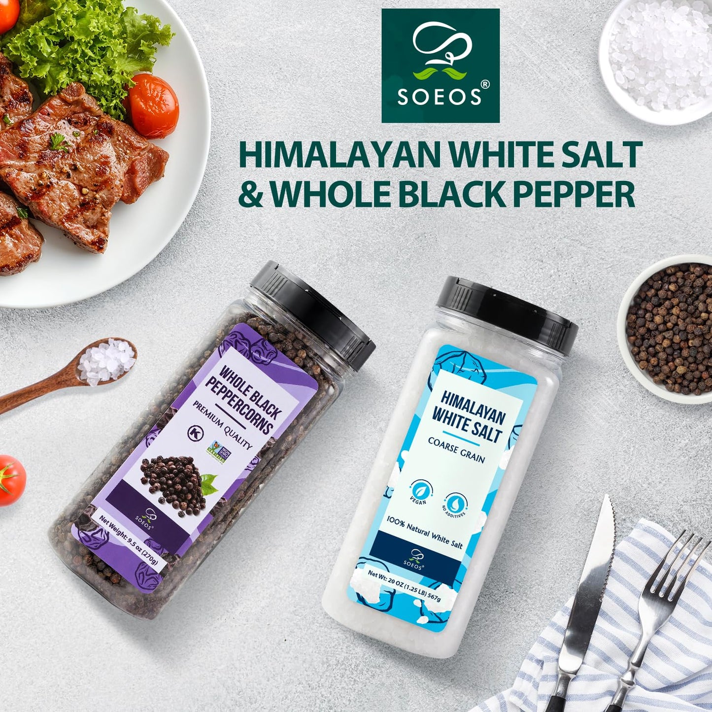Soeos Himalayan White Salt 20 Oz + Whole Black Peppercorns 9.5 Oz, Coarse Grain, White Sea Salt, Black Peppercorns, Salt and Pepper Grinder Refill, Spice Seasoning Set for Cooking, 837g (2 Set)