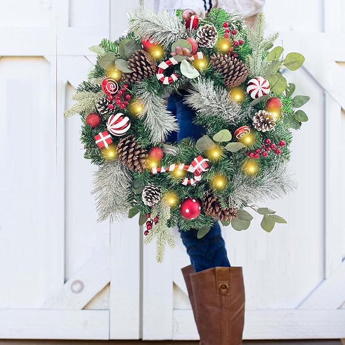 WANNA-CUL Pre-Lit 24 Inch Lighted Christmas Wreath for Front Door Red White Christmas Door Wreath Decoration with Ball Ornaments, Candy Canes,Eucalyptus Leaves, Battery Operated 30 LED Lights