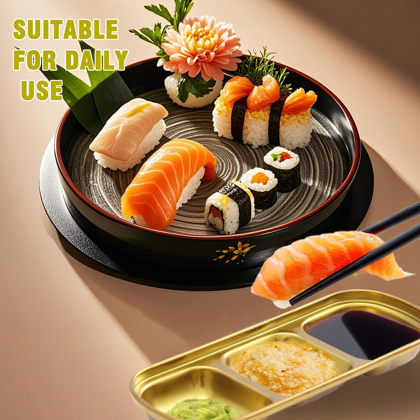14 Pcs Soy Sauce Dish Stainless Steel Divided Dip Bowls Korean Sauce Plate Seasoning Dipping Condiment Tray for Sushi BBQ Vinegar Spice Salt Sugar Flavor Home Kitchen Restaurant (Gold, 3 Compartment)