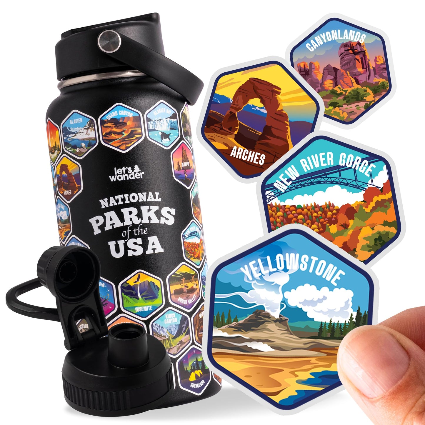 LET'S WANDER National Parks Water Bottle 2.0 Ultimate Bundle | Includes Straw Lid, Chug Lid and 2 Sets of 63 Waterproof Stickers | 32oz Leakproof Insulated Stainless Steel Gift Pack (Black)