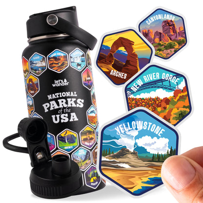 LET'S WANDER National Parks Water Bottle 2.0 Ultimate Bundle | Includes Straw Lid, Chug Lid and 2 Sets of 63 Waterproof Stickers | 32oz Leakproof Insulated Stainless Steel Gift Pack (Black)