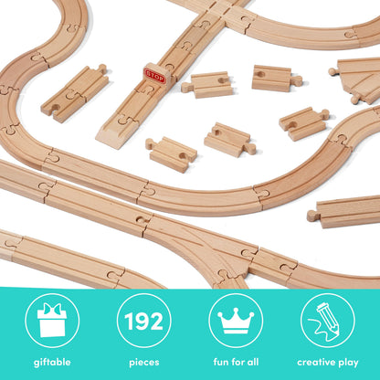 THE TWIDDLERS - 192 Piece Wooden Train Track Expansion Pack, Large Set Compatible with All Major Brand Toy Trains - Wide Selection of Straight and Curved Track, Premium Wood Railway Accessories