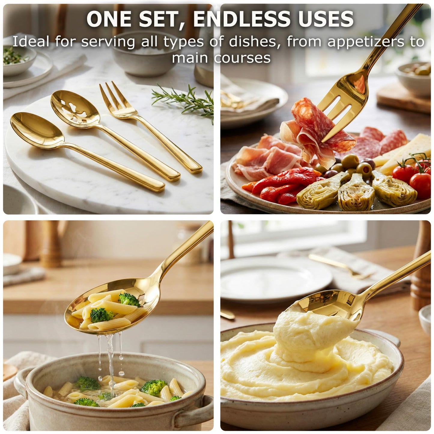 Serving Spoon x 2,Slotted Serving Spoon x 2,Serving Forks x 2,RTT 9 Inch Stainless Steel Catering Serving Utensils for Party Buffet Dinner Banquet Kitchen Basics (Golden Titanium Finish)