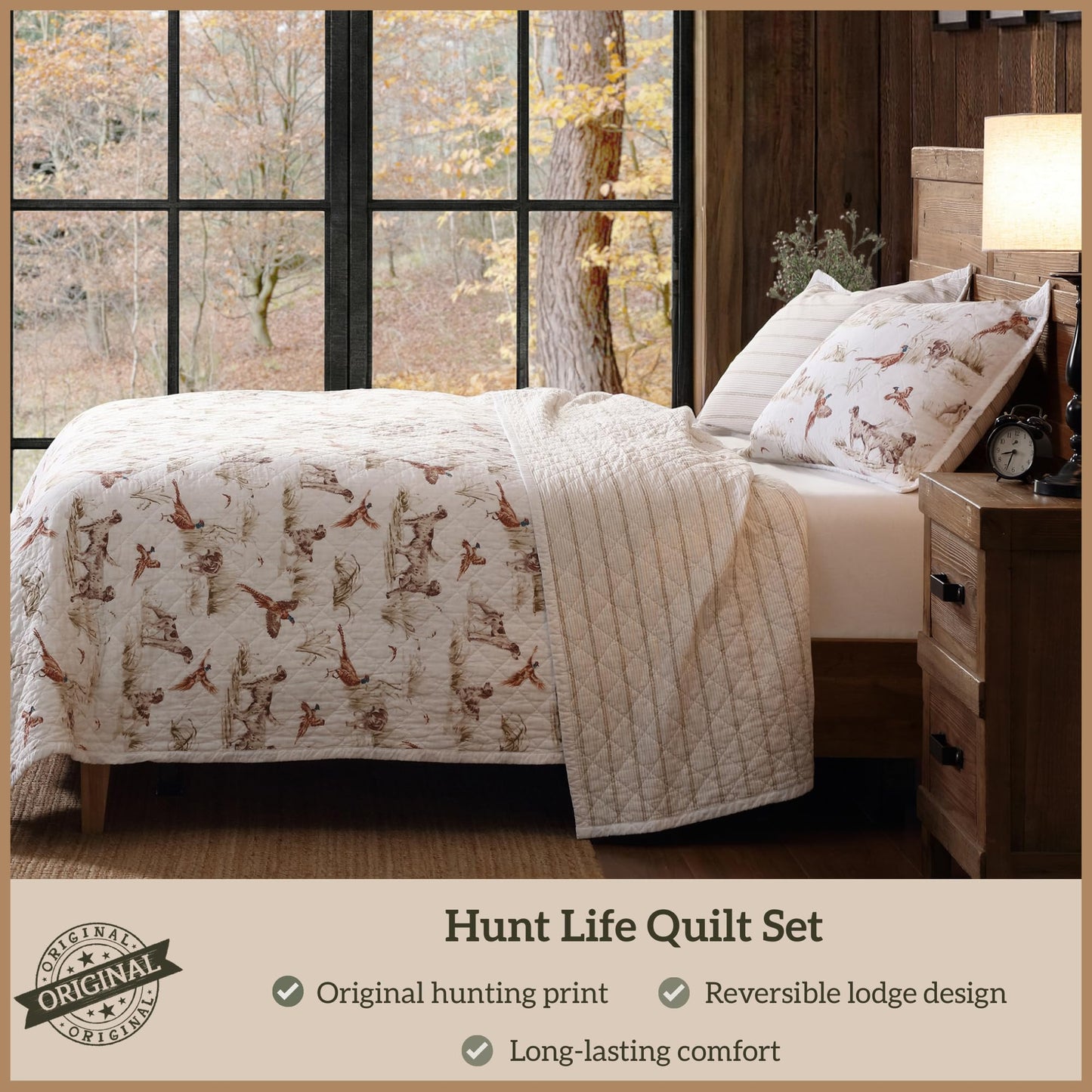 Paseo Road Hunt Life Cotton Quilt Set, 3 Piece King Bedding Set with Pillow Shams, White Brown Pheasant Hunting Dog Reversible Quilt Set, Soft Breathable Cozy Lightweight Quilt, Rustic Cabin Bedding