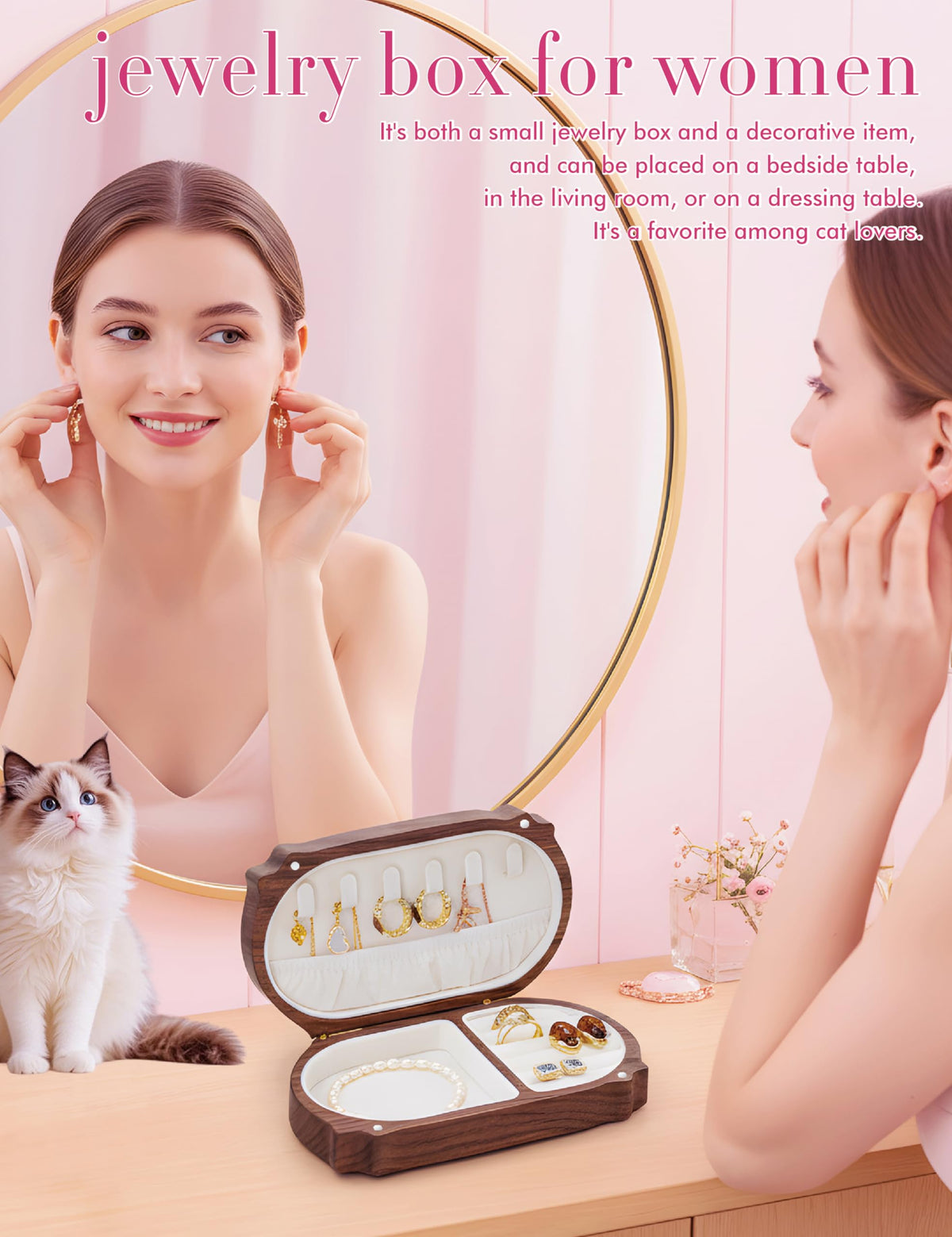 WODTILIFE Personalized cute cat jewelry box, portable travel jewelry case with mirror, Walnut Solid Wooden jewelry organizer, Stores rings, necklaces, earrings, bracelets, Gift for the woman you love.