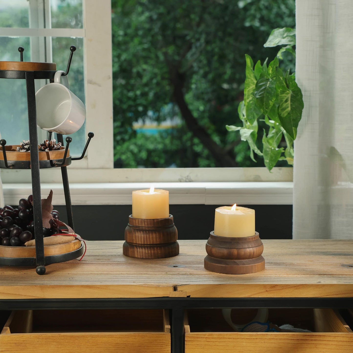 NIKKY HOME Farmhouse Solid Wood Pillar Candle Holders Set of 2, Brown