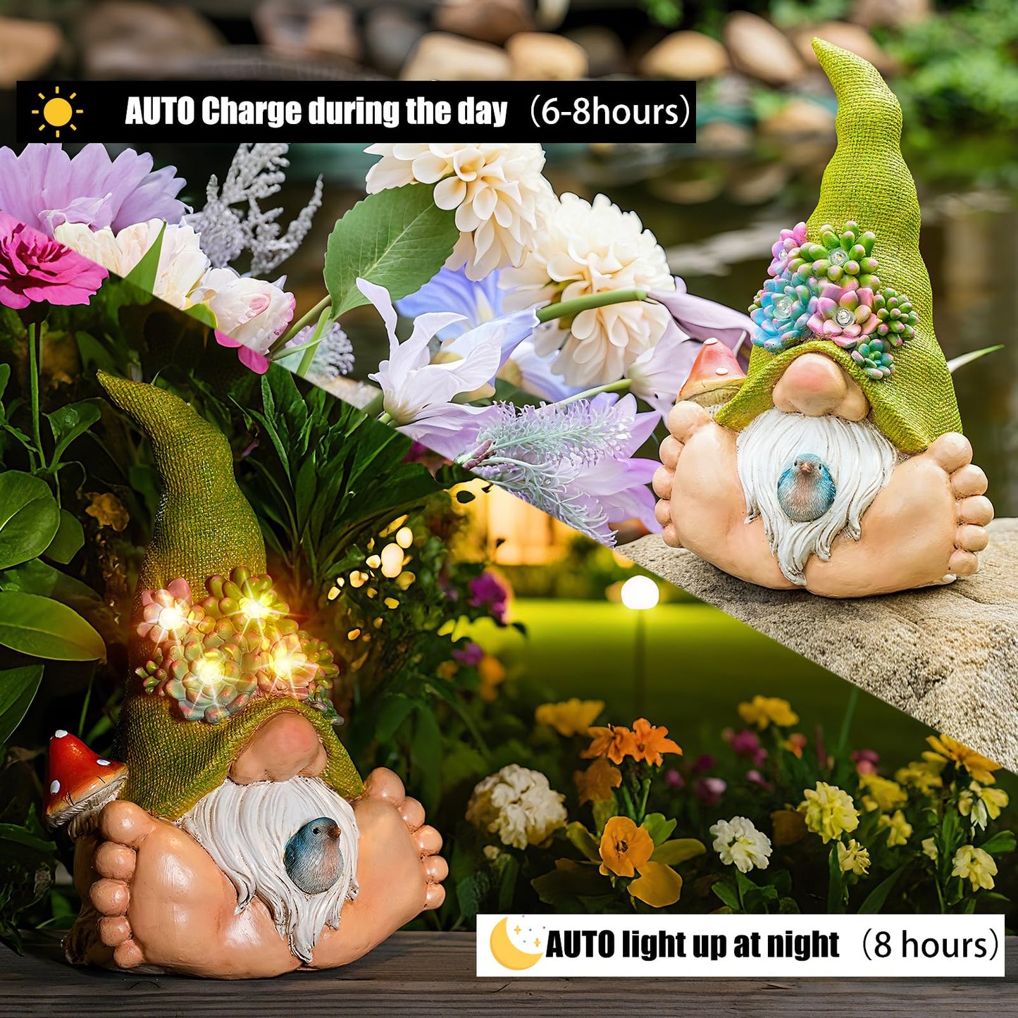 Joint Honglin Solar Succulent Gnome Garden Statue, Lighted Succulent Hat Gnome with Bird, Resin Fairy Garden Decor, Outdoor Waterproof Garden Gnome Figurine for Yard Lawn Patio Porch