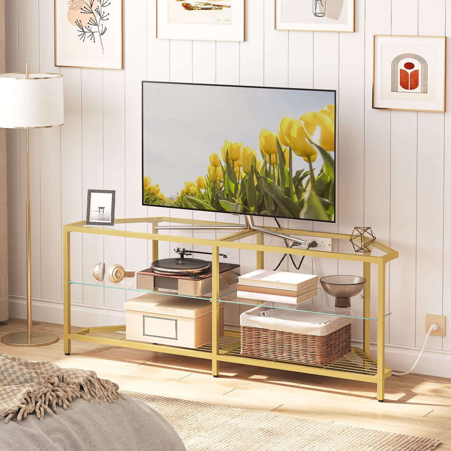 HOOBRO Corner TV Stand with Power Outlet for TVs up to 55", Modern 55" Corner TV Console Table with Open Shelves, Tempered Glass Media Entertainment Center for Living Room, Bedroom, Gold GD143UDS01