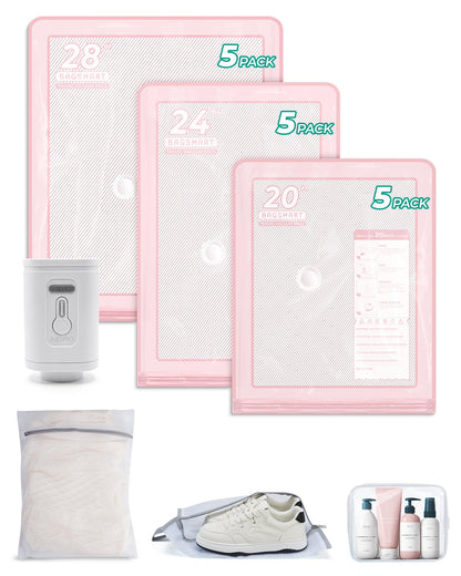 BAGSMART Vacuum Storage Bags with Portable Pump, Travel Space Saver Bags for Clothes, Heavy Duty Compression Bags for Storage, Vacuum Seal Bags with Hand Pump, Travel Essentials for Packing-Pink