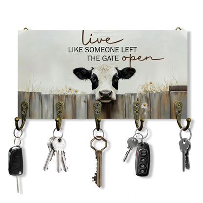 Beliran Cow Gifts Key Holder for Wall 10"x5.12", Cow Decor Key Hanger Wall Mount, Live Like Someone Left The Gate Open Rustic Farmhouse Cows Wooden Hanging Keys Holder Decor for Entryway
