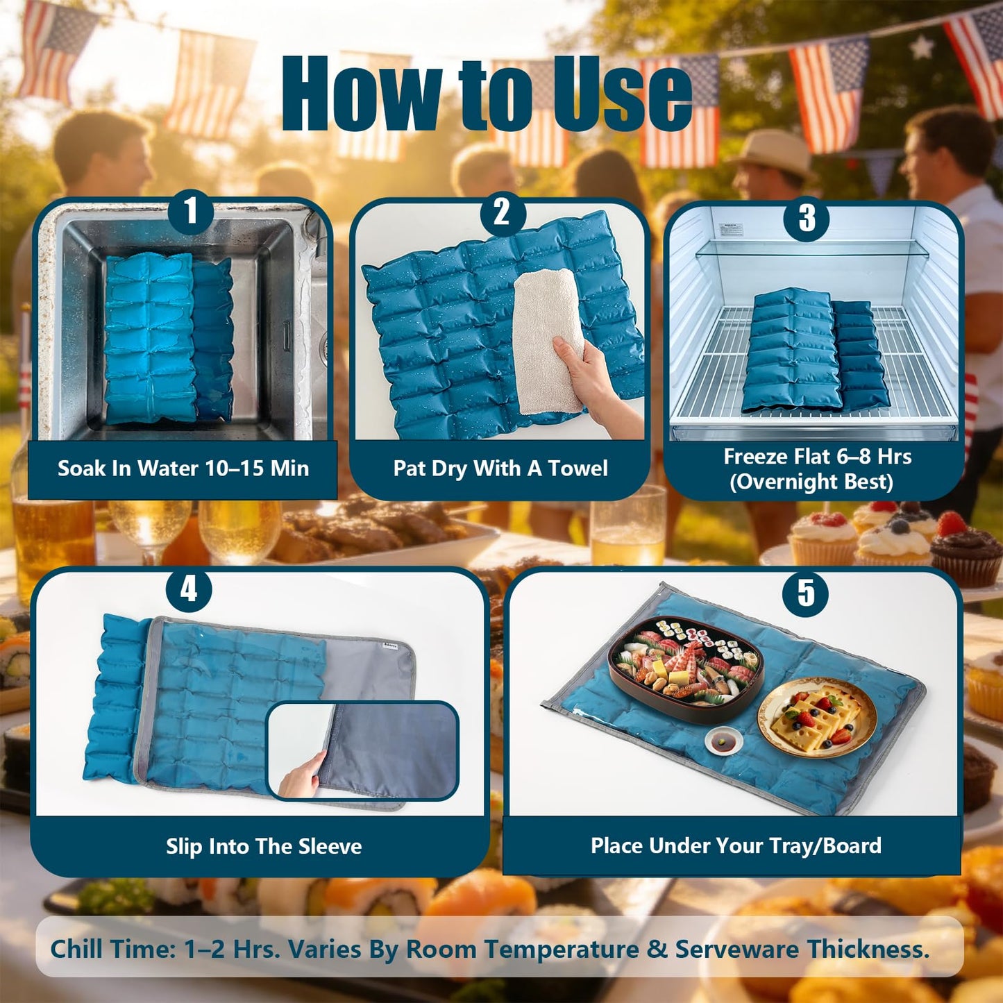 Babeezy Party Mat Chiller Foldable Reusable Cooling Mat with Sleeve, Extra-Large 45×35 cm(Soak-to-Activate) 35 Large Cells Tray Chiller for Charcuterie, Cheese, Shrimp, Sushi, Salads & Dips