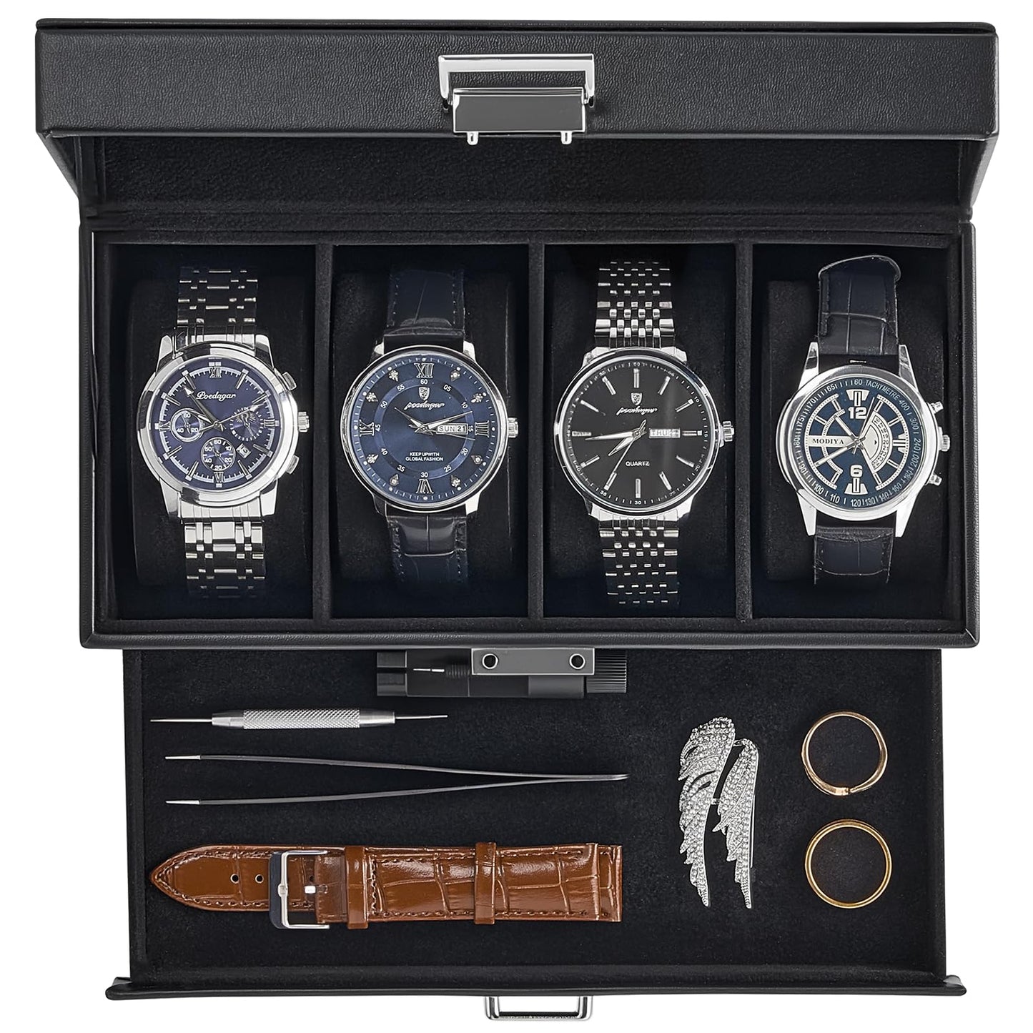 ProCase Watch Case, 4 Slot Mens Watch Box Holder Organizer with Glass Lid, 2-Layer Watches Display Case, Mens Jewelry Box with Drawer, Birthday Valentine Gifts for Men Women -4 Slot, Black