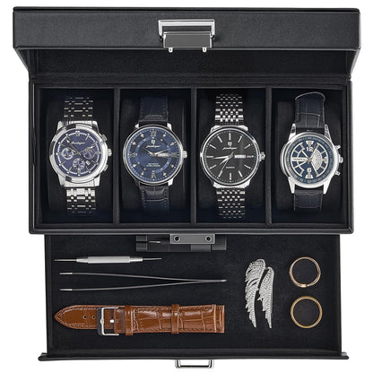 ProCase Watch Case, 4 Slot Mens Watch Box Holder Organizer with Glass Lid, 2-Layer Watches Display Case, Mens Jewelry Box with Drawer, Birthday Valentine Gifts for Men Women -4 Slot, Black