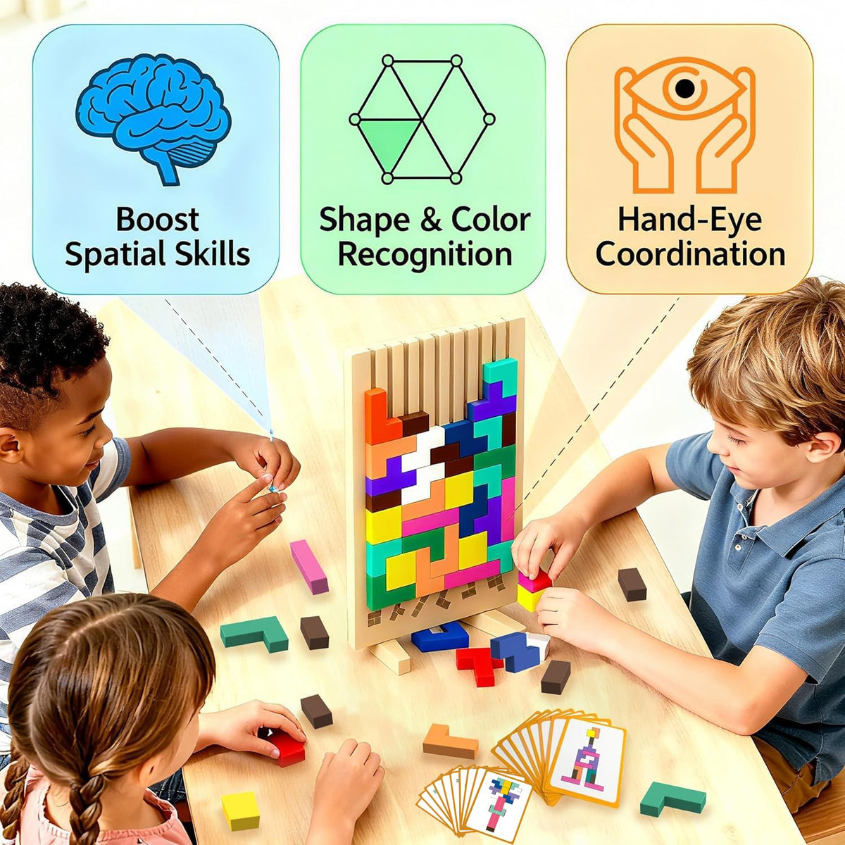 Wooden Block Puzzle Montessori Toys, Colorful Stacking Game Brain Teaser Puzzles for Toddlers and Kids with 20 Cards, Educational Wooden Toy Gifts for 3 4 5 6 7 8 Year Old Boys and Girls