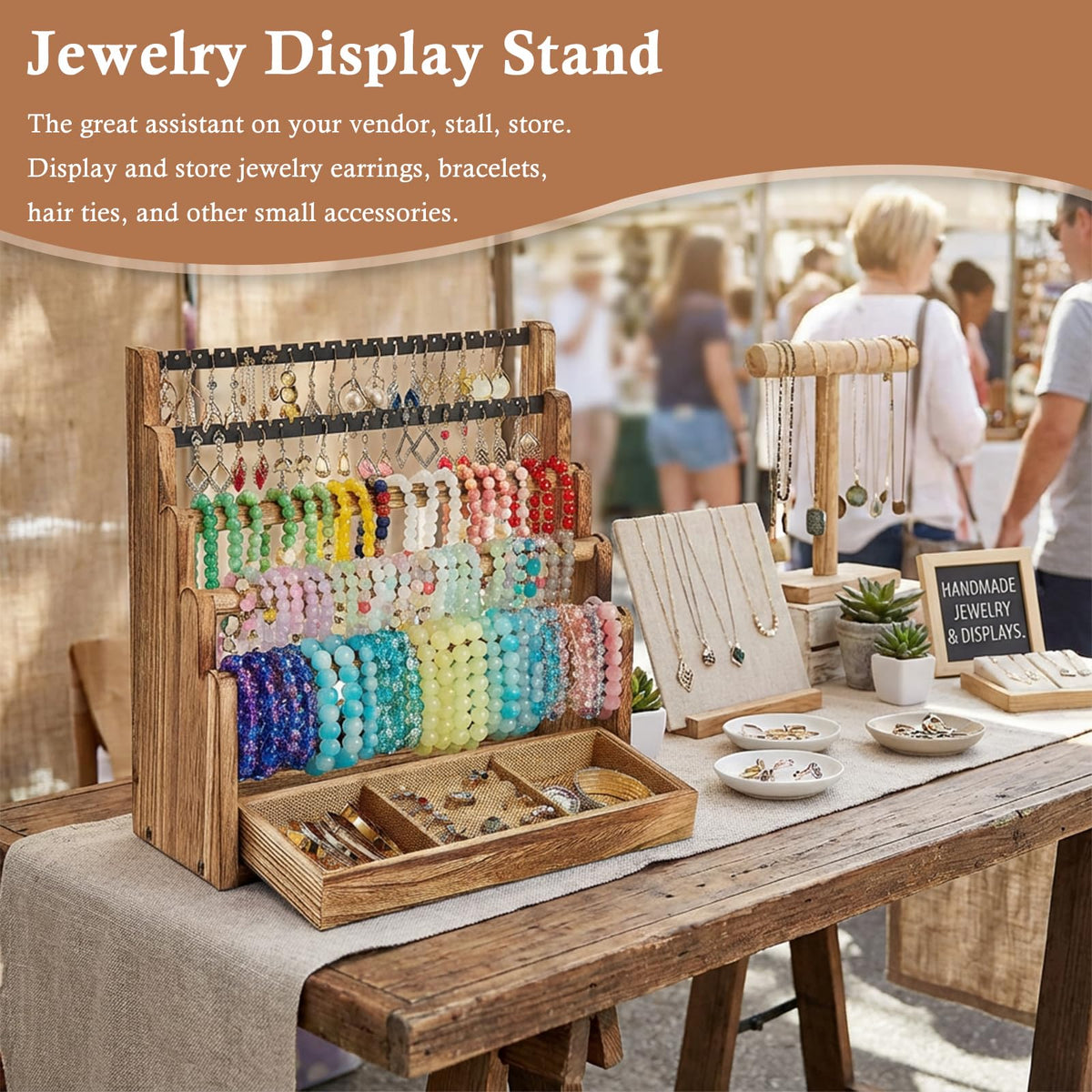 Pinzoveco Bracelet Holder, 3 Tier Rustic Bracelet Holder Display with 2 Tier Earring Organizer, 5 Tier Wooden Jewelry Display for Vendors, Home and Store