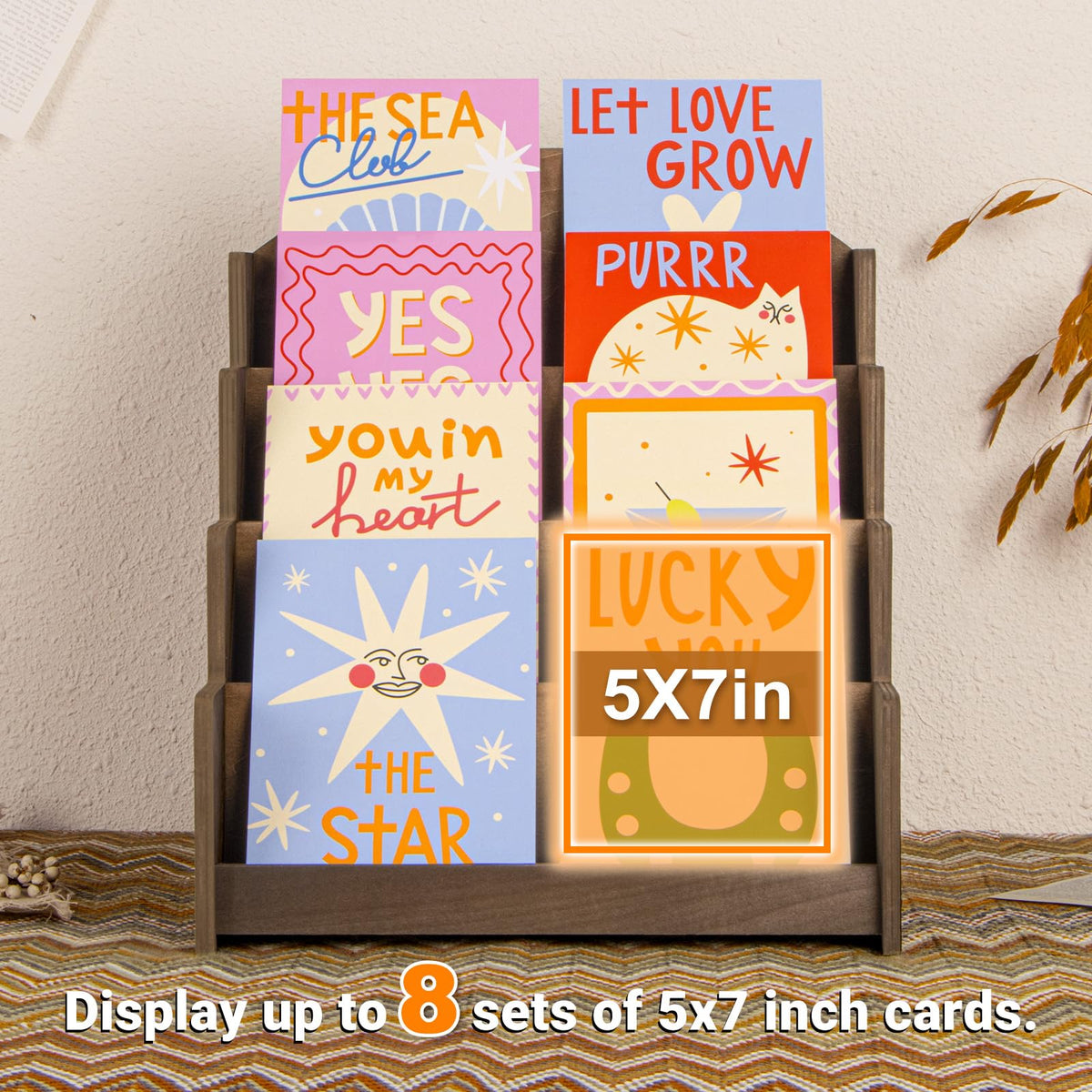 PUERSI Greeting Card Display Stand, Wooden 4-Tier Postcard Display Stand Holder for Sticker, Vendors, Retail Stores, Brown
