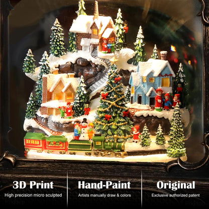 Priddop Christmas Snow Globe Lantern Christmas Decorations Gifts Snowy Village Scene Snowman Church Cabin Train Musical Glitter Snowfall USB/Battery Timer 12 inch